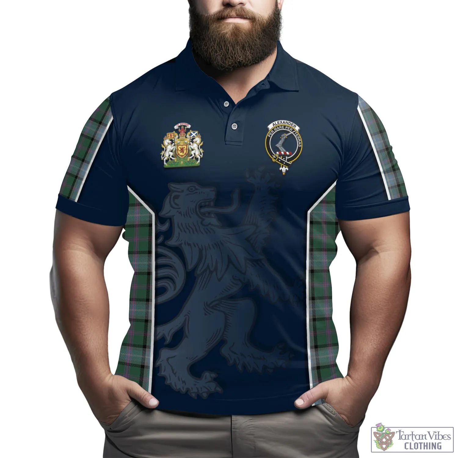 Alexander of Menstry Hunting Tartan Men's Polo Shirt with Family Crest and Lion Rampant Vibes Sport Style