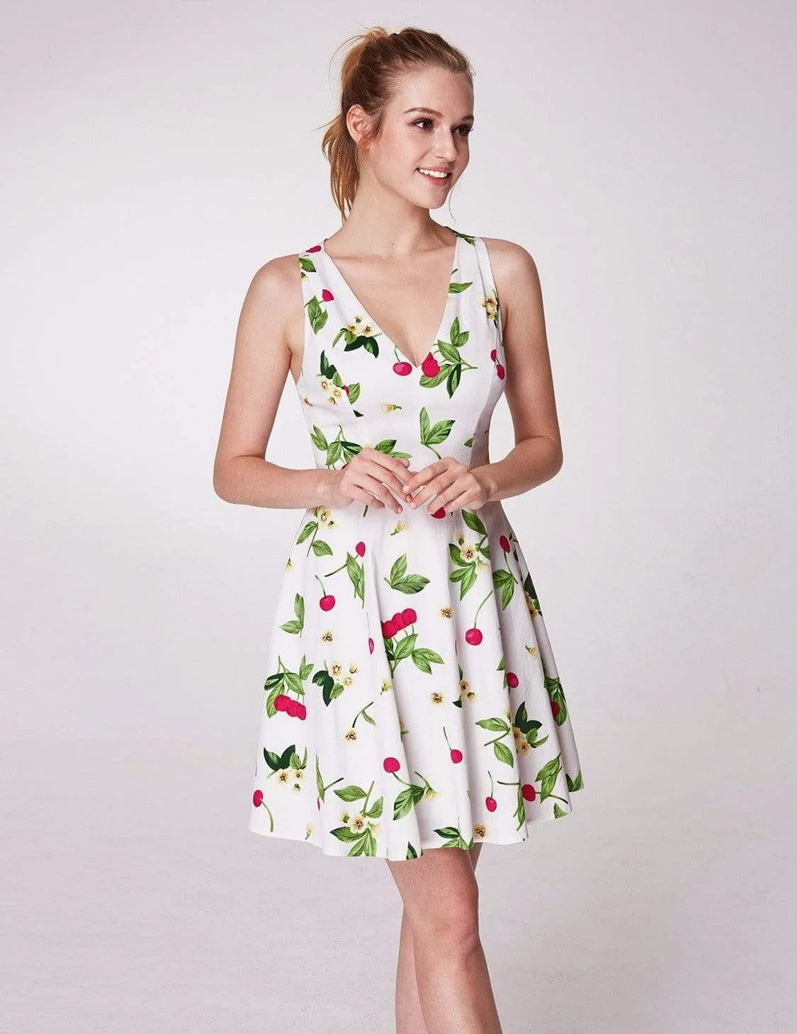 Alisa Pan V Neck Cherry Print Summer Dress