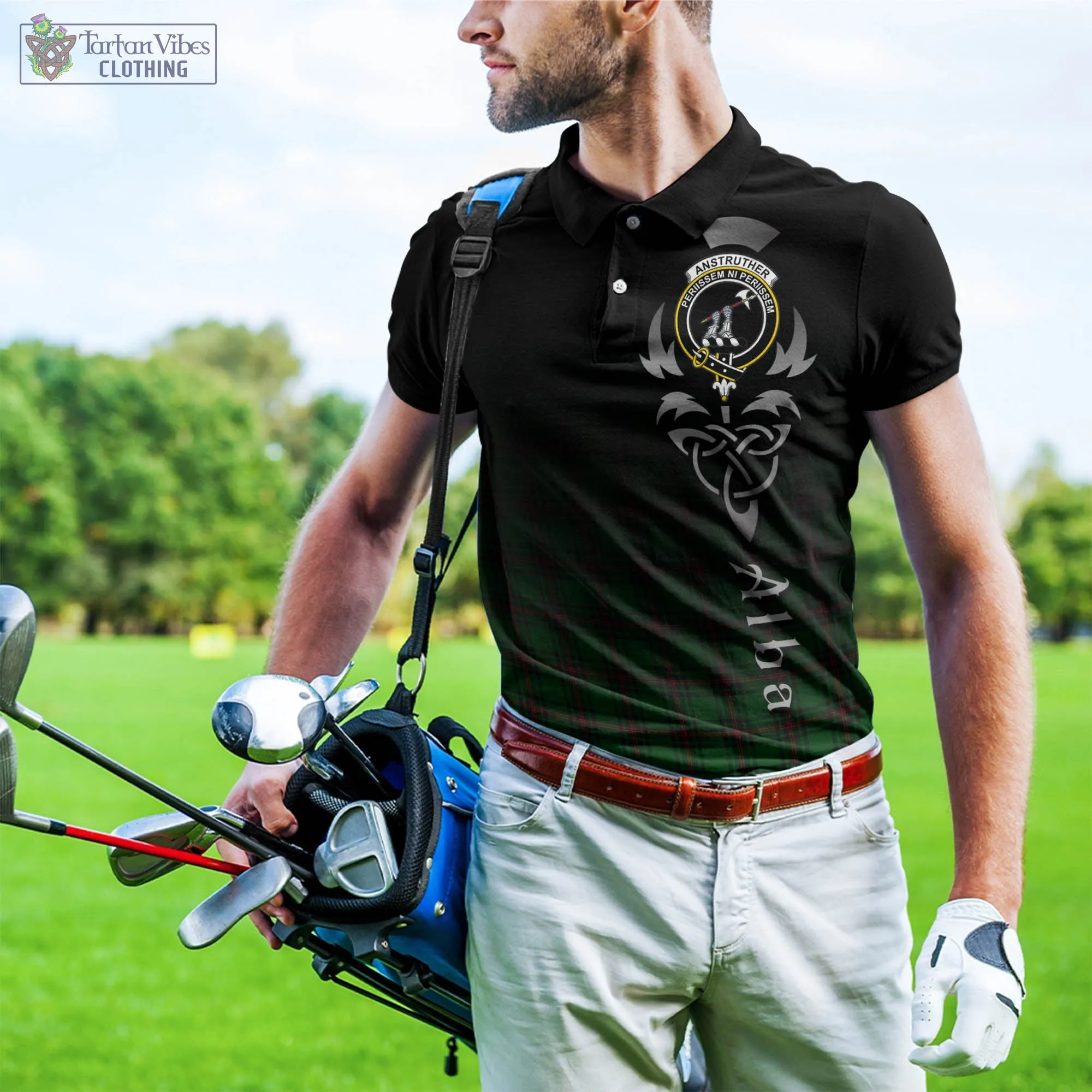 Anstruther Tartan Polo Shirt Featuring Alba Gu Brath Family Crest Celtic Inspired