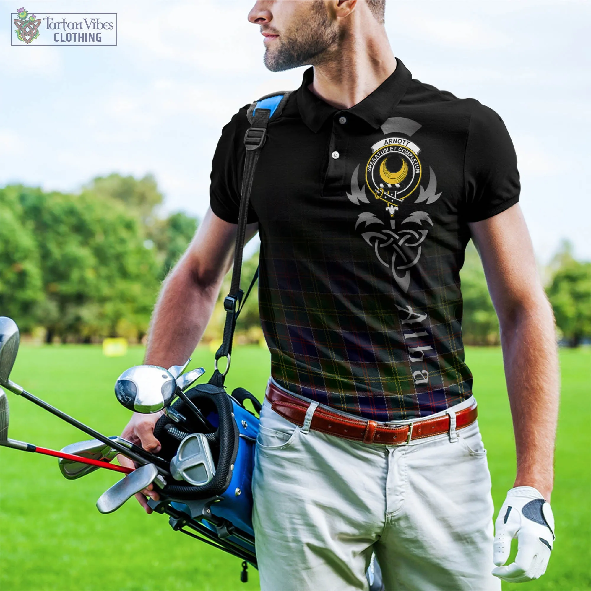 Arnott Tartan Polo Shirt Featuring Alba Gu Brath Family Crest Celtic Inspired