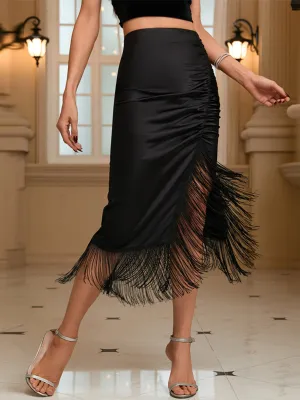 Asymmetric Satin Fringe Trendy Trim Ruched Midi Skirts