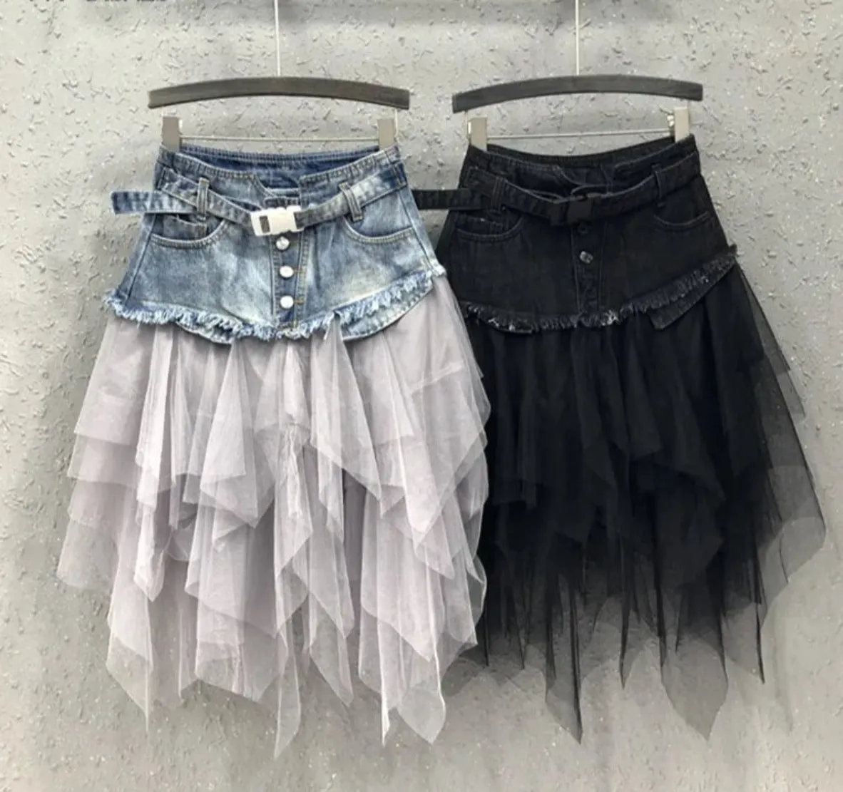 Asymmetrical Denim Jeans Tulle Skirt