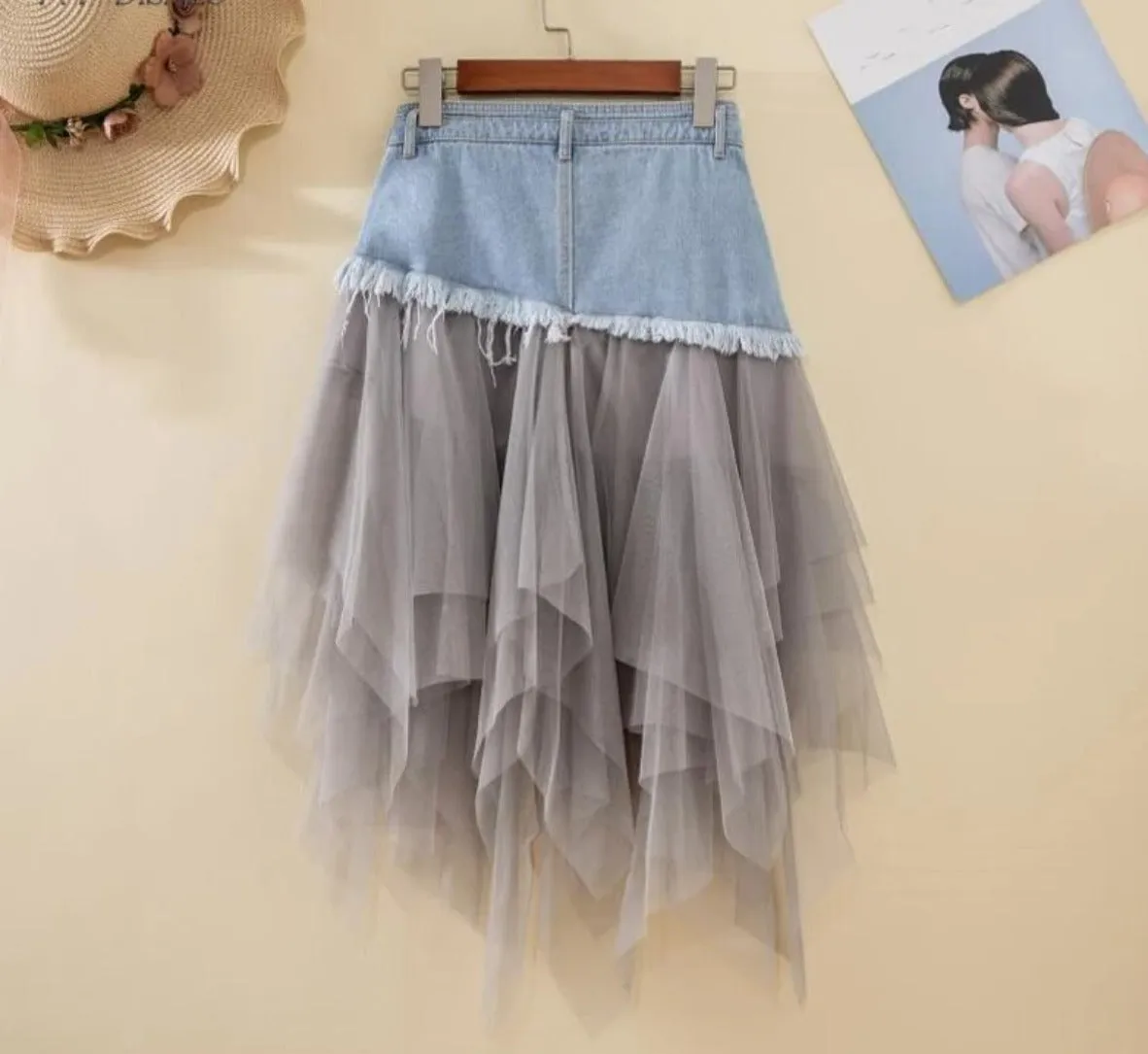 Asymmetrical Denim Jeans Tulle Skirt