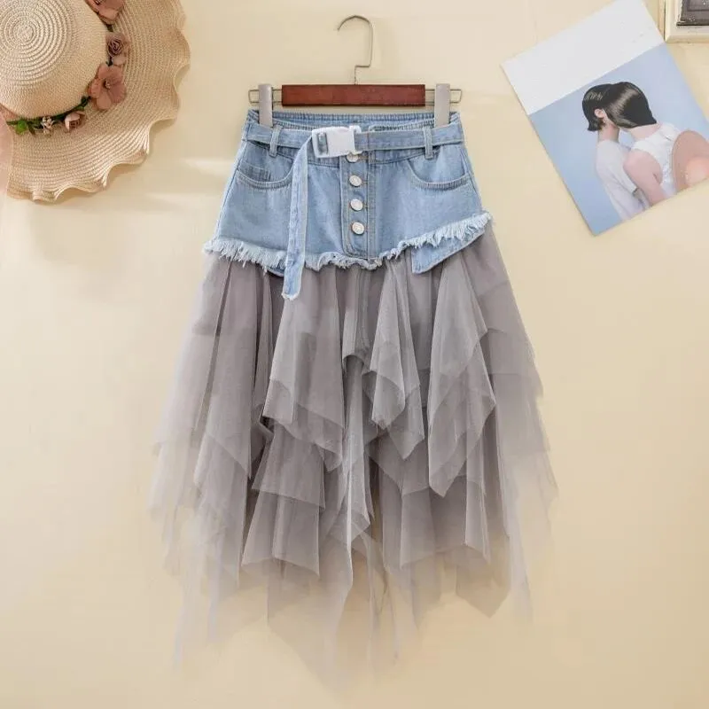 Asymmetrical Denim Jeans Tulle Skirt