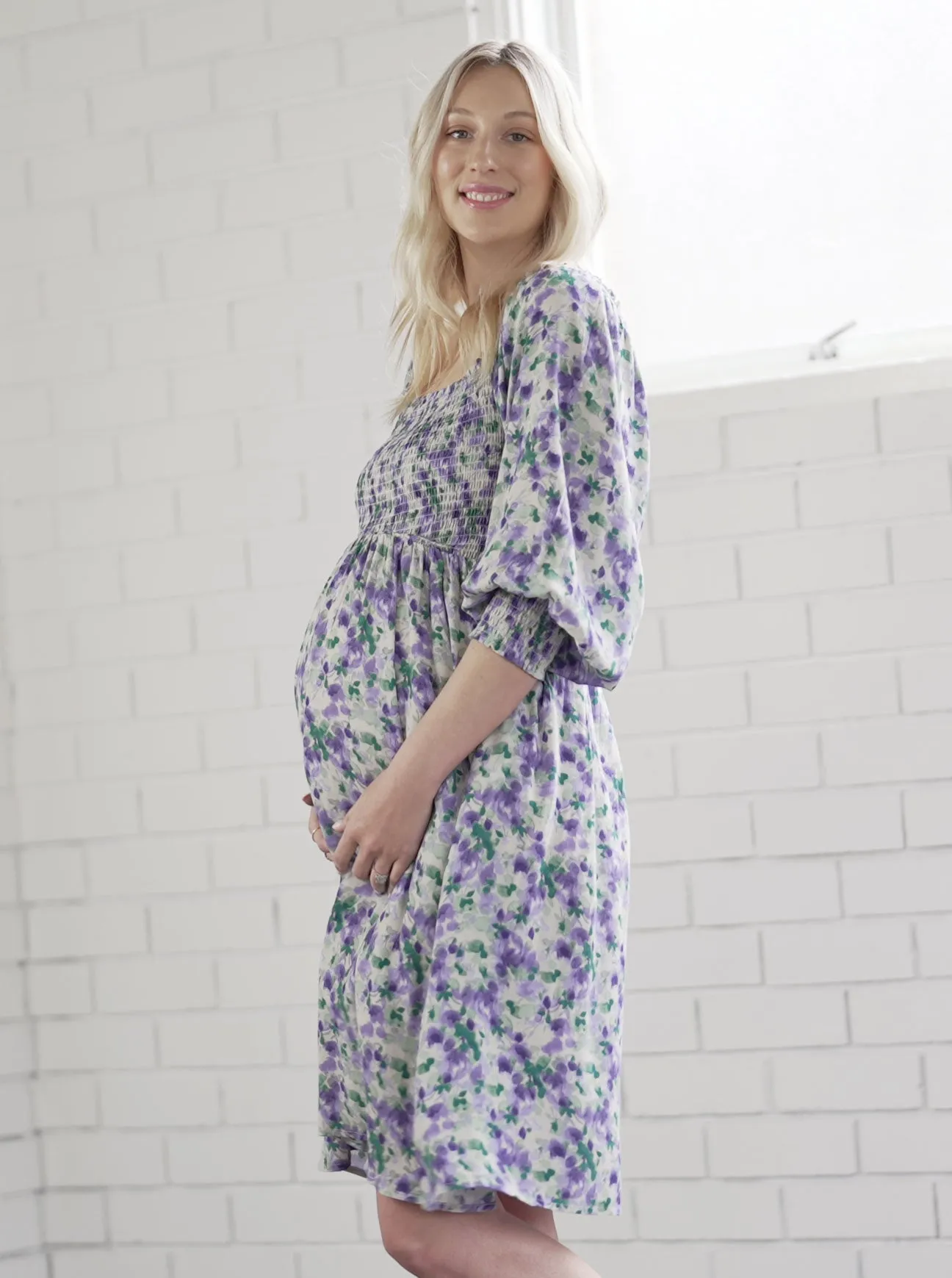 Avery Baby Shower Smock Dress in Purple Print