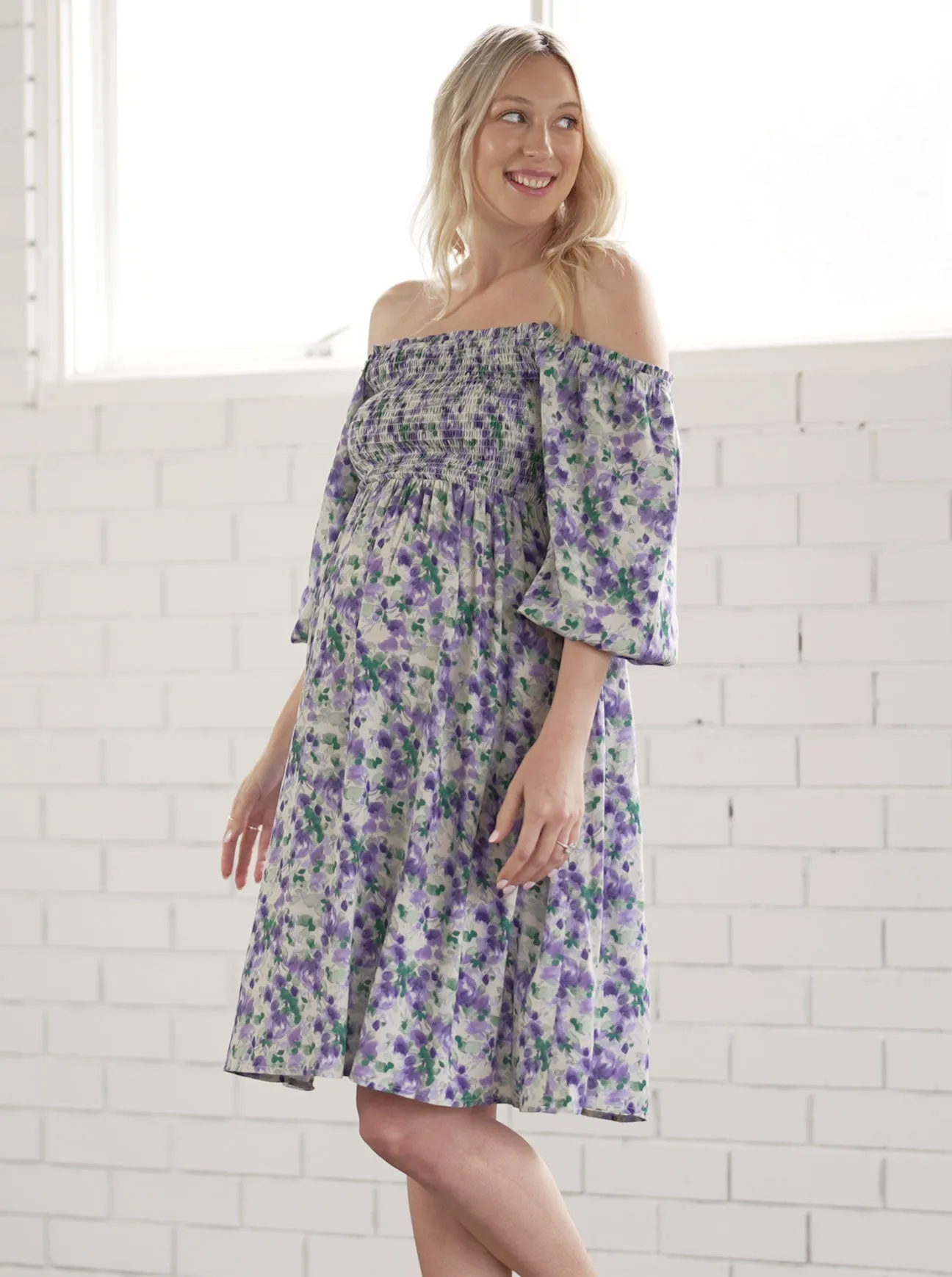 Avery Baby Shower Smock Dress in Purple Print