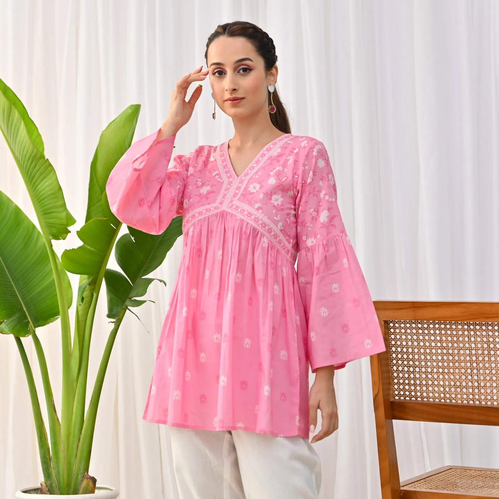 Baby Pink Sanganeri Print Tunic with Bell Sleeves