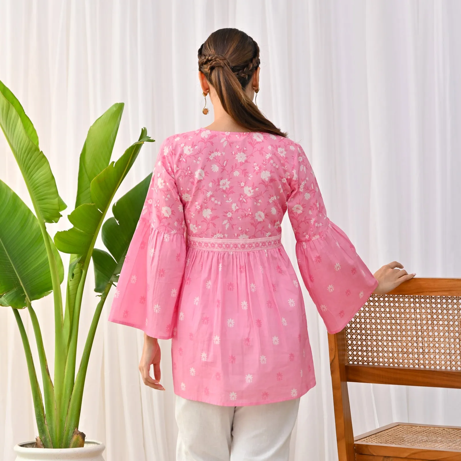 Baby Pink Sanganeri Print Tunic with Bell Sleeves