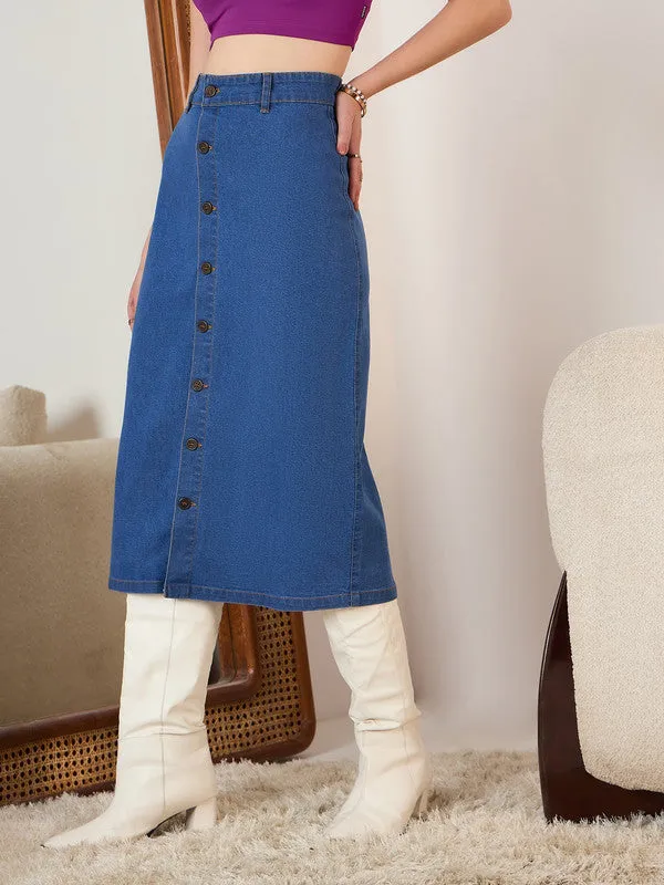 Berrylush Women Solid Blue High-Rise Waist Denim Button Front Straight Hem Knitted Midi Skirt