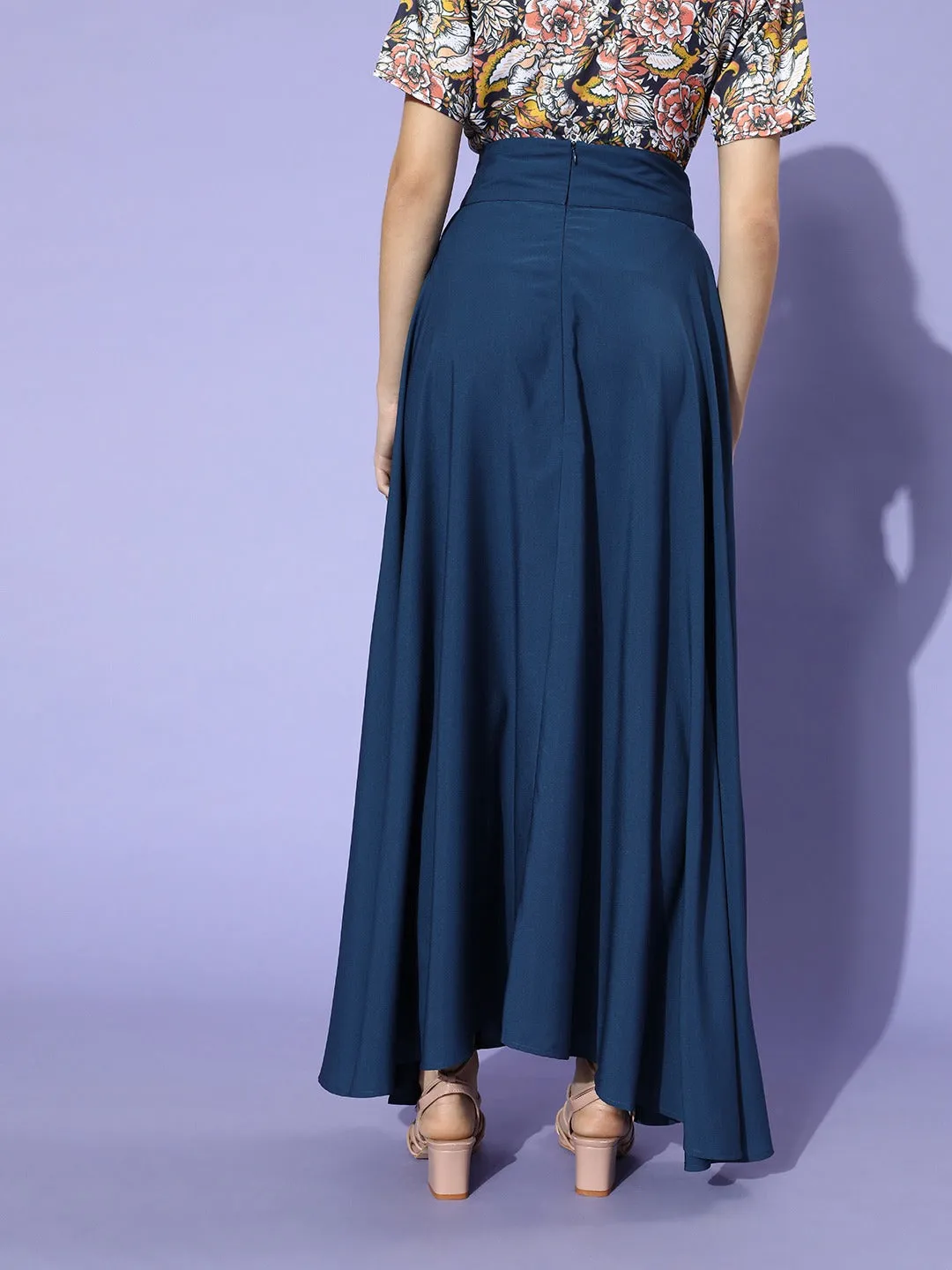 Berrylush Women Solid Blue Waist Tie-Ups Flared Maxi Skirt