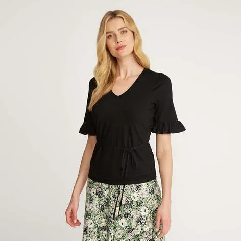 Black 1/2 Sleeve V-Neck Chiffon Frill Top