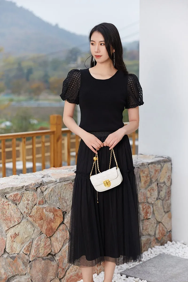 Black Paneled Sheer Lace Skirt