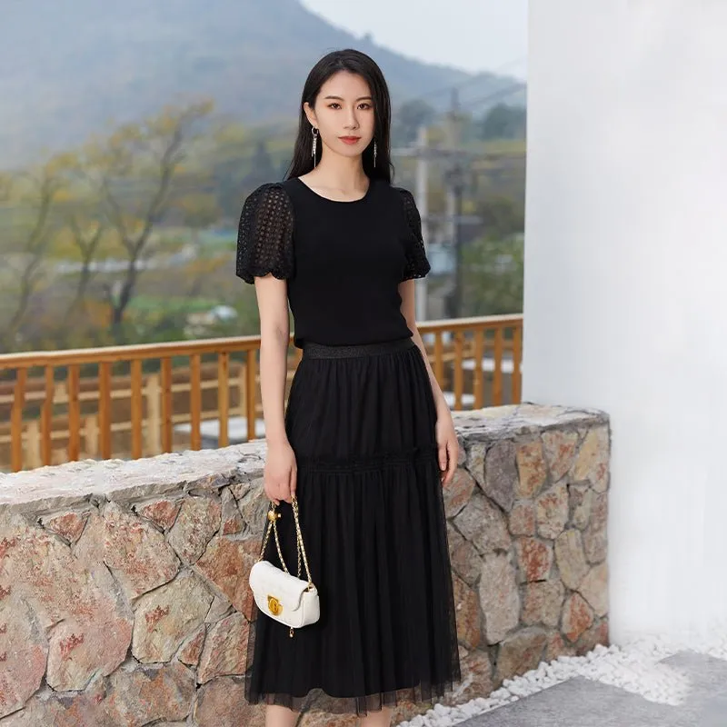 Black Paneled Sheer Lace Skirt