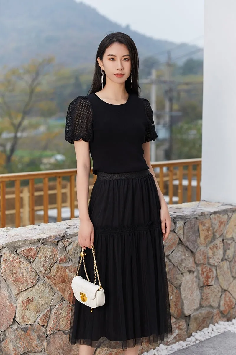 Black Paneled Sheer Lace Skirt