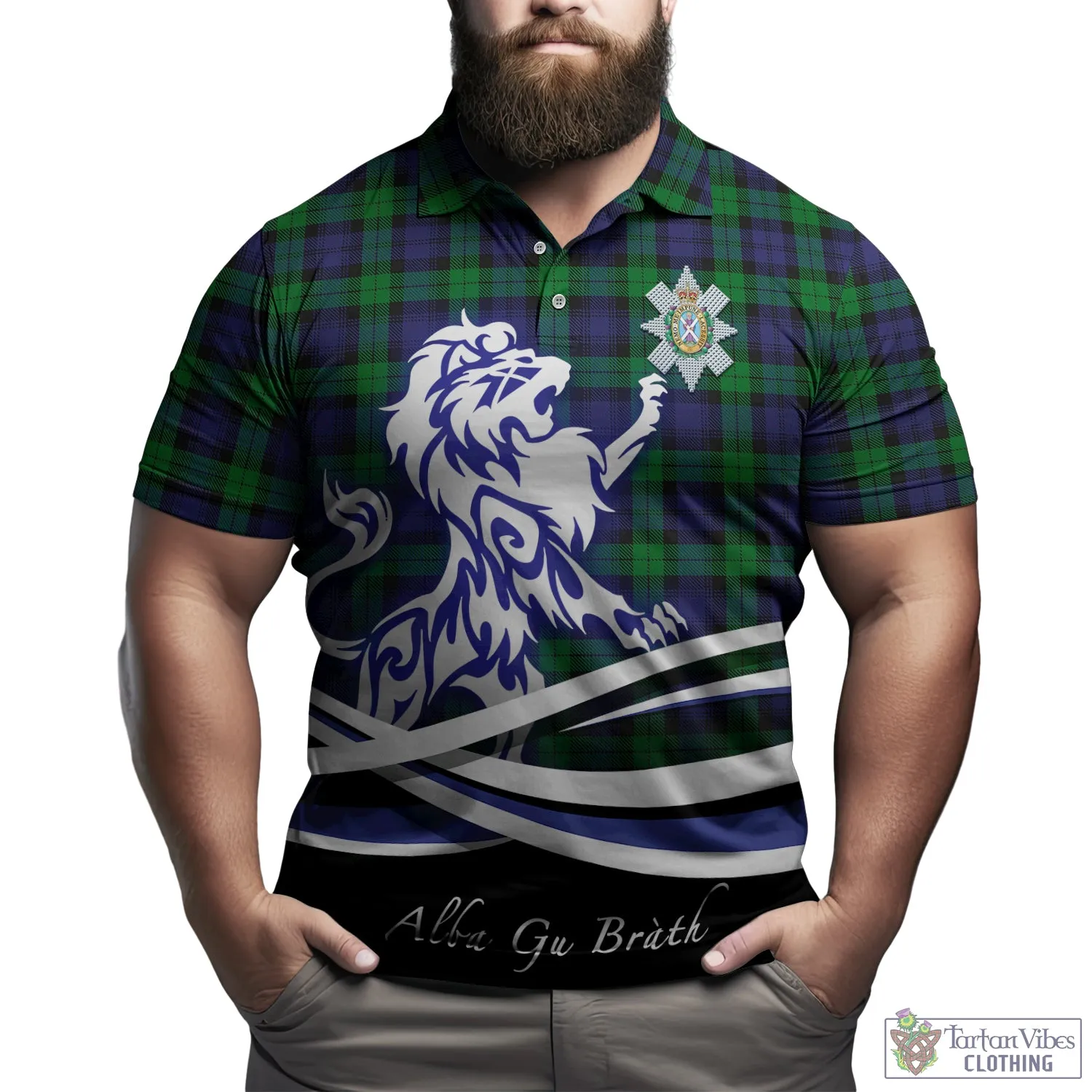 Black Watch Tartan Polo Shirt with Alba Gu Brath Regal Lion Emblem