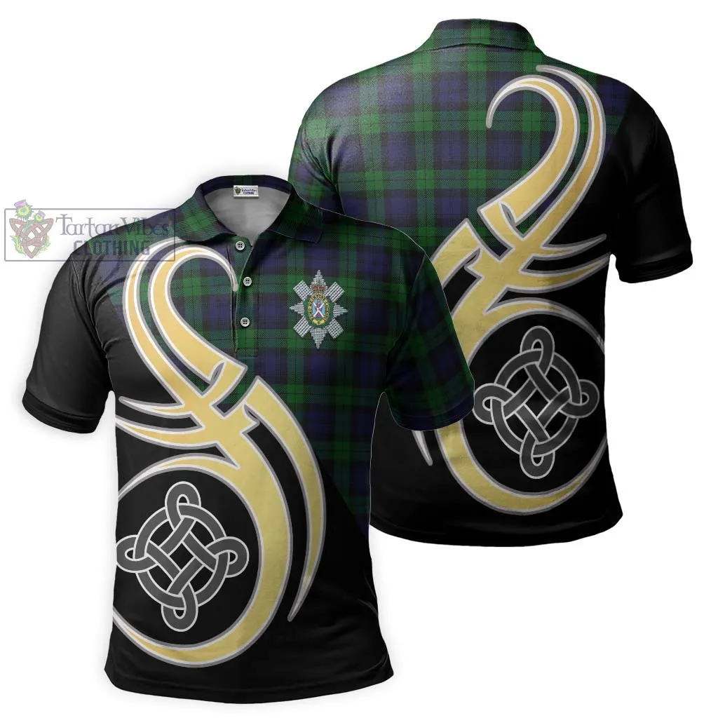 Black Watch Tartan Polo Shirt with Family Crest and Celtic Symbol Style