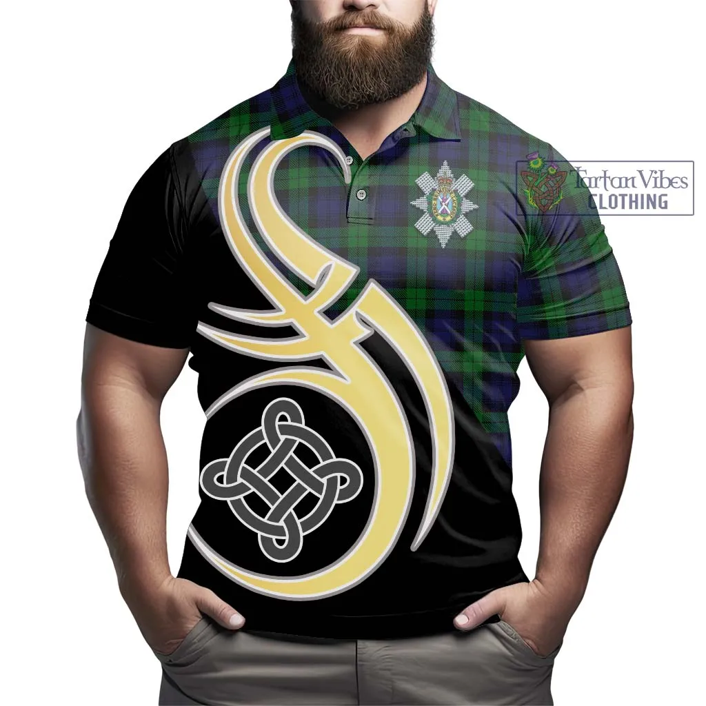 Black Watch Tartan Polo Shirt with Family Crest and Celtic Symbol Style