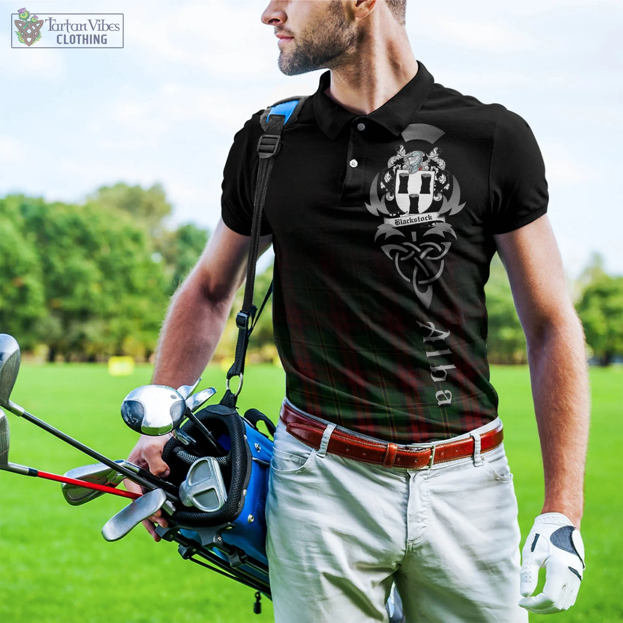 Blackstock Hunting Tartan Polo Shirt Featuring Alba Gu Brath Family Crest Celtic Inspired