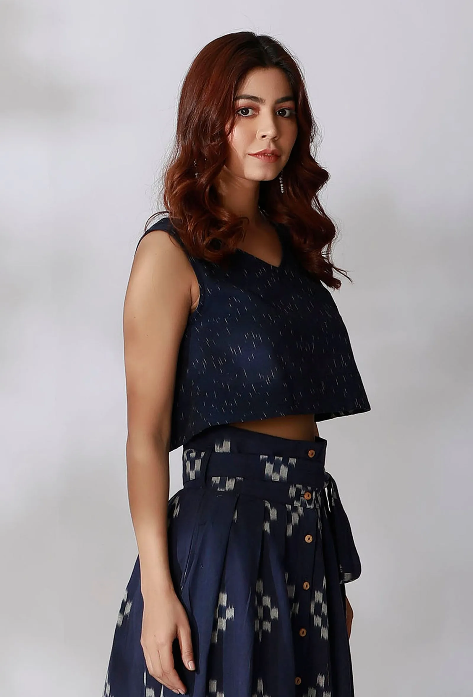 Blue Umbrella Cut Loose Fit Ikkat Crop Top