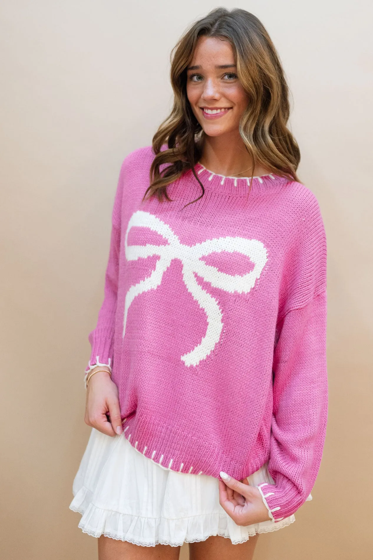 Bow Stitched Hem Sweater - Pink