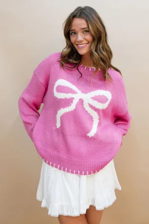 Bow Stitched Hem Sweater - Pink