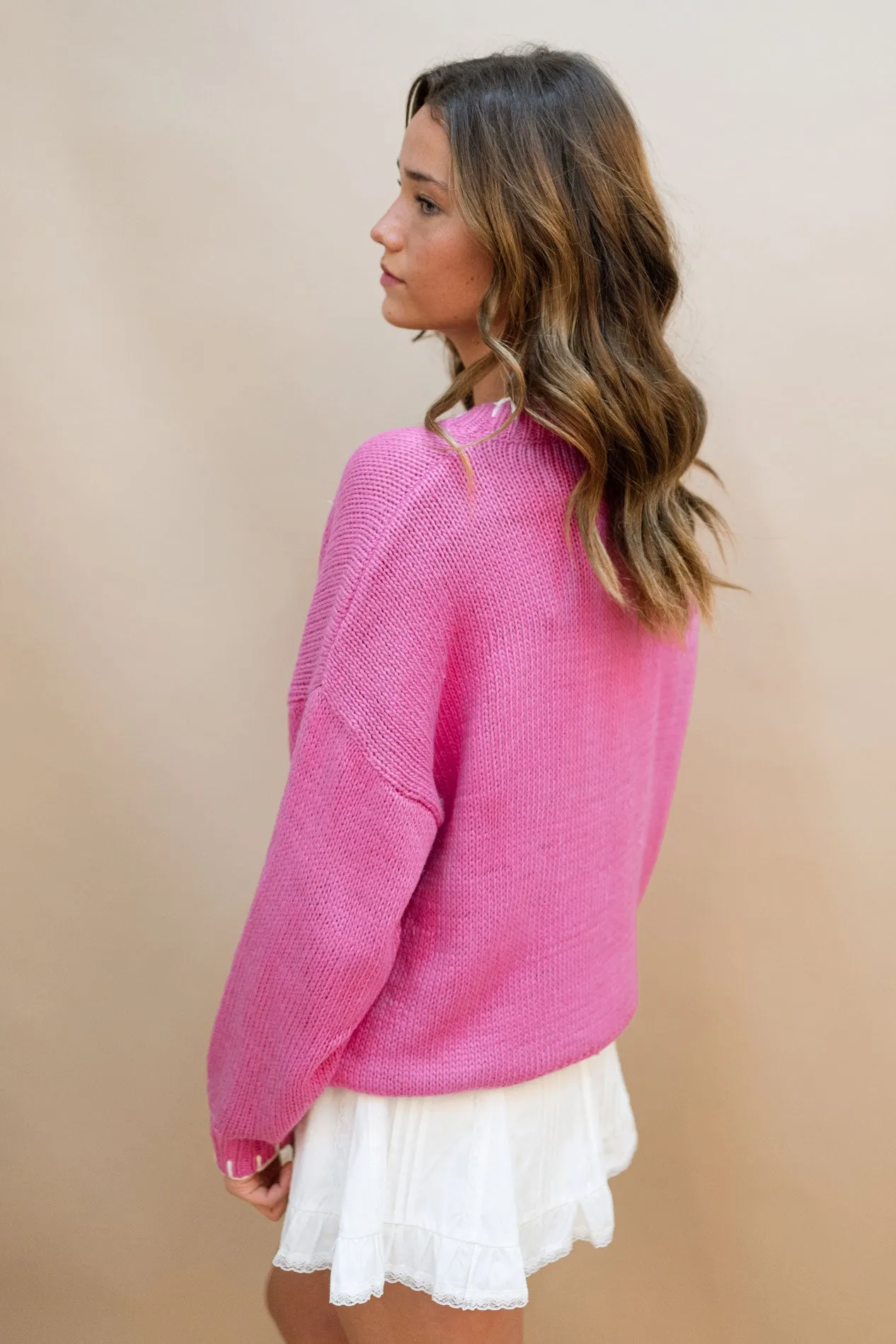 Bow Stitched Hem Sweater - Pink