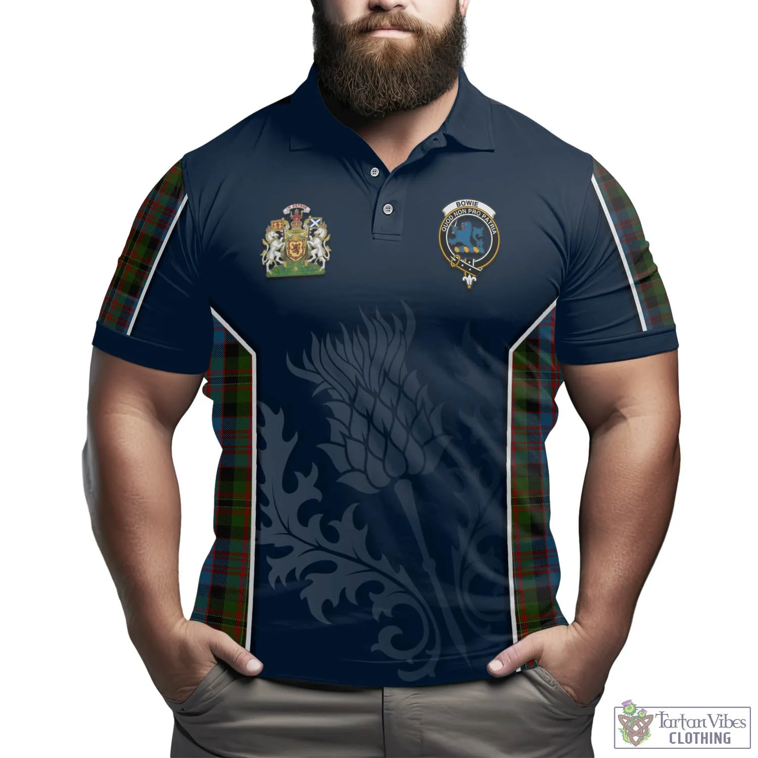 Bowie Tartan Men's Polo Shirt with Family Crest and Scottish Thistle Vibes Sport Style