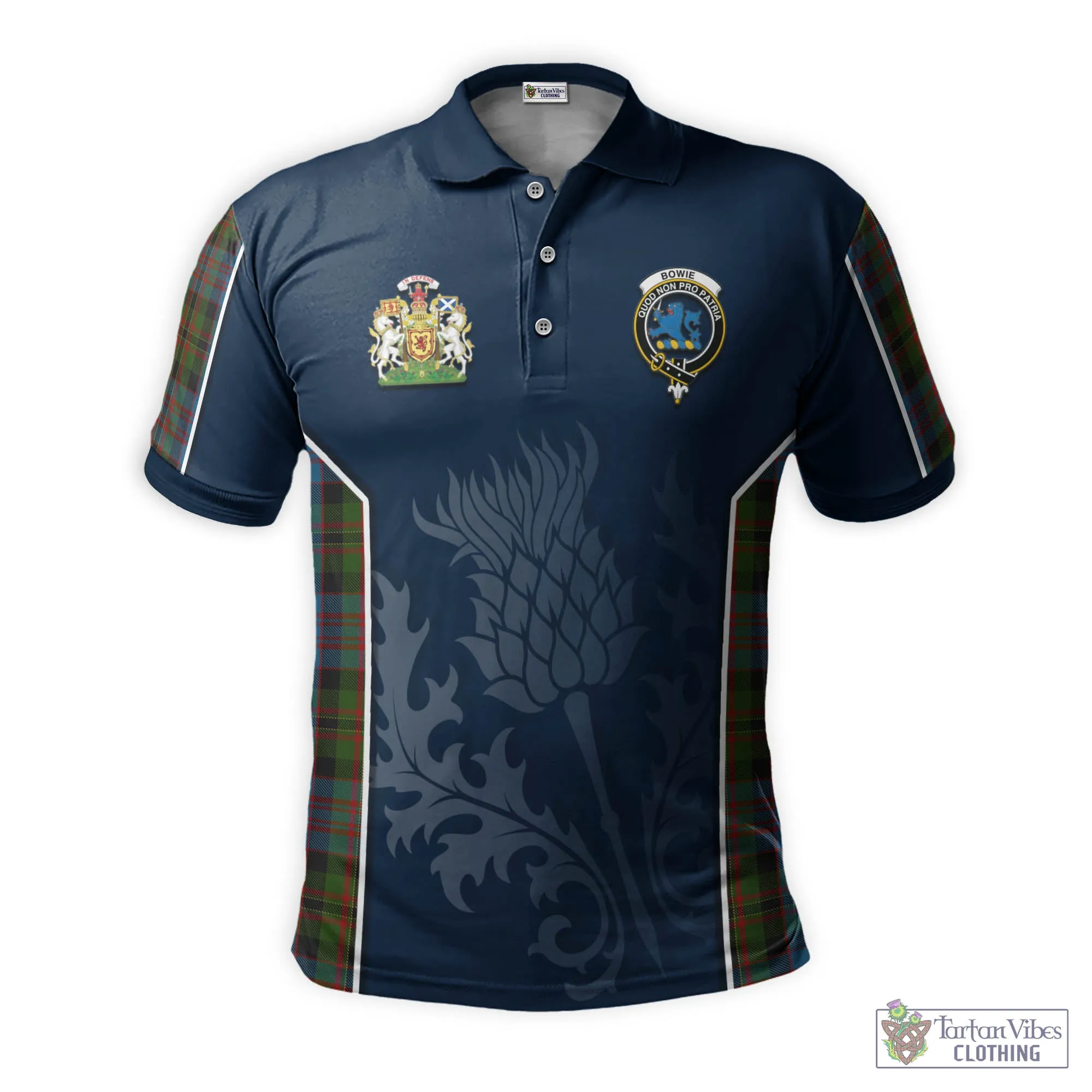 Bowie Tartan Men's Polo Shirt with Family Crest and Scottish Thistle Vibes Sport Style