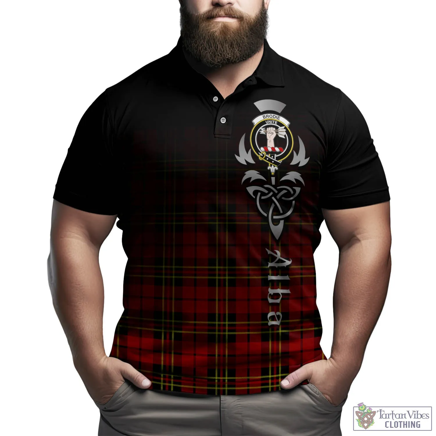 Brodie Modern Tartan Polo Shirt Featuring Alba Gu Brath Family Crest Celtic Inspired