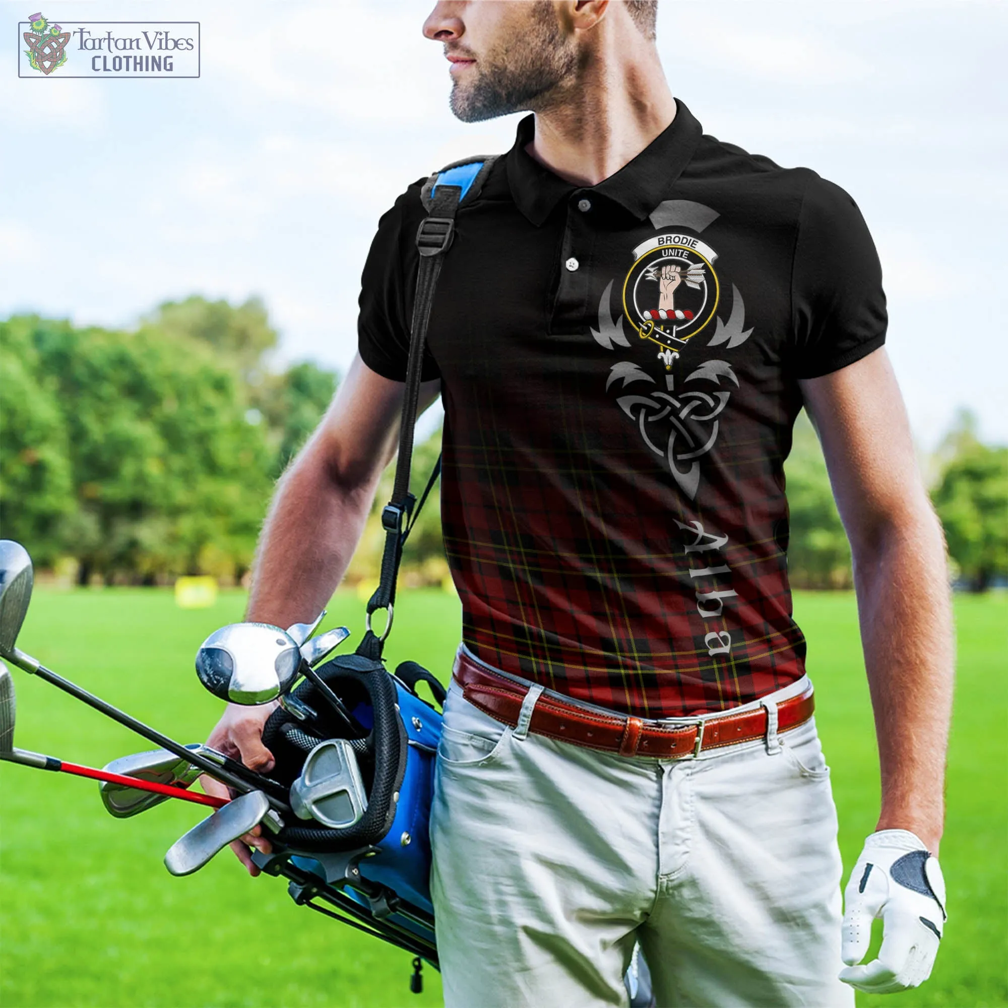 Brodie Modern Tartan Polo Shirt Featuring Alba Gu Brath Family Crest Celtic Inspired