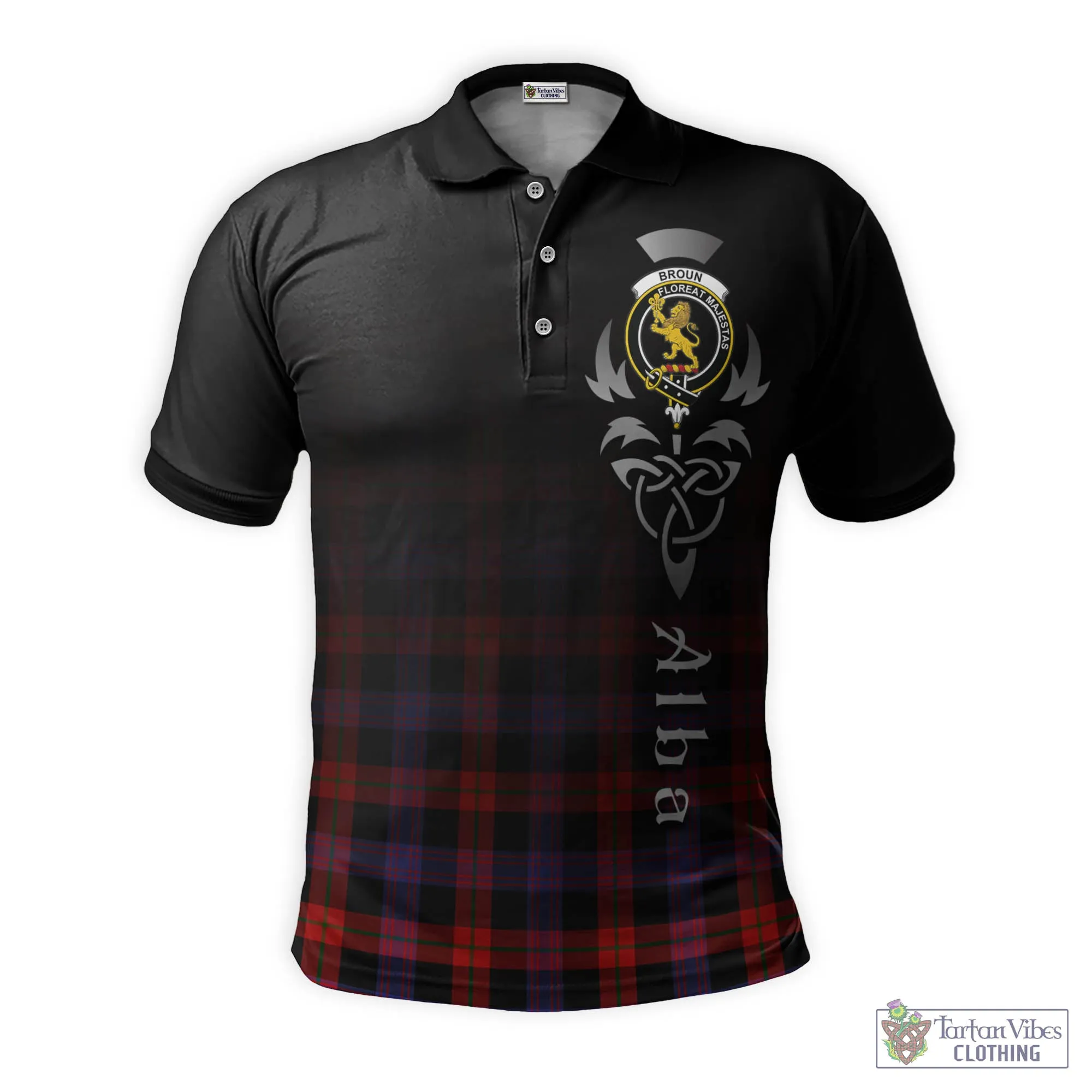 Broun Modern Tartan Polo Shirt Featuring Alba Gu Brath Family Crest Celtic Inspired