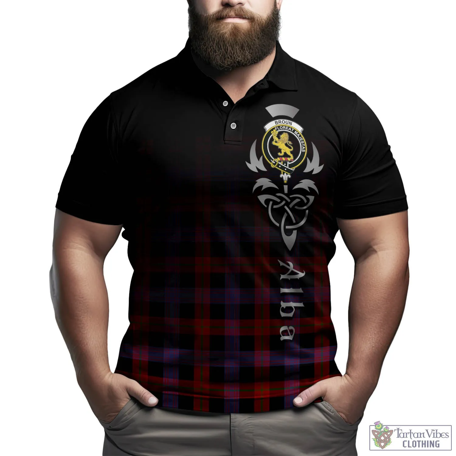 Broun Modern Tartan Polo Shirt Featuring Alba Gu Brath Family Crest Celtic Inspired