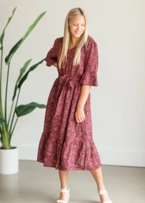 Burgundy Patterned Flouncy Midi Dress - FINAL SALE