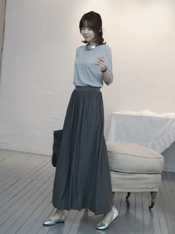 Casual Solid Color Elasticity Waist Pleated Skirts