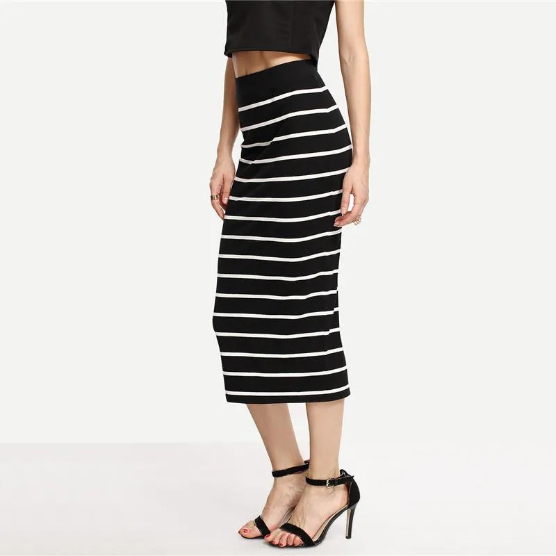 Casual Striped Split Midi Pencil Skirt