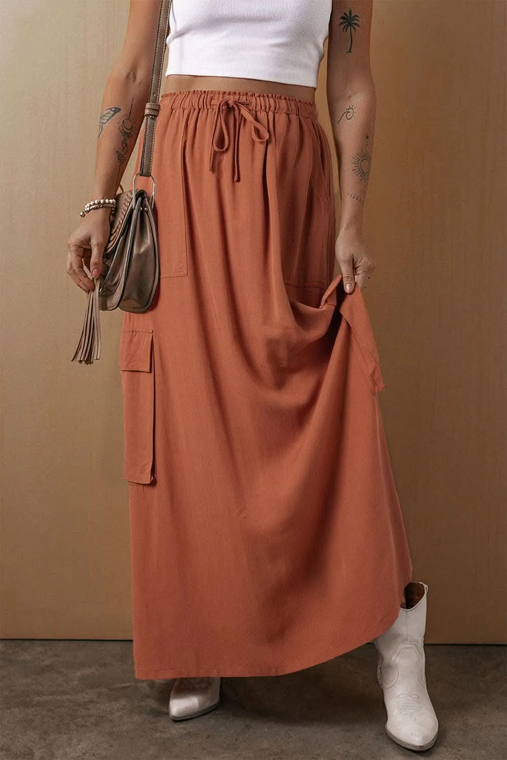 Chestnut Cargo Pocket Maxi Skirt