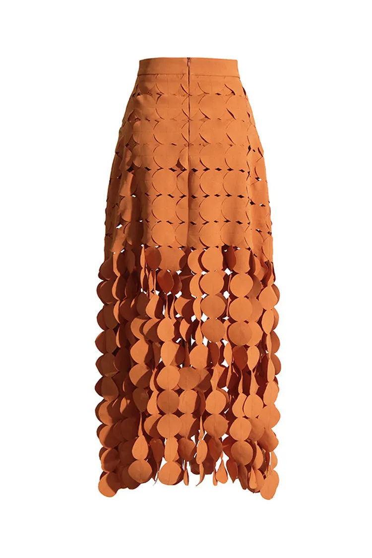 Creative High Waist Laser Cut Out Circle Guipure Lace Fringe Maxi Skirt