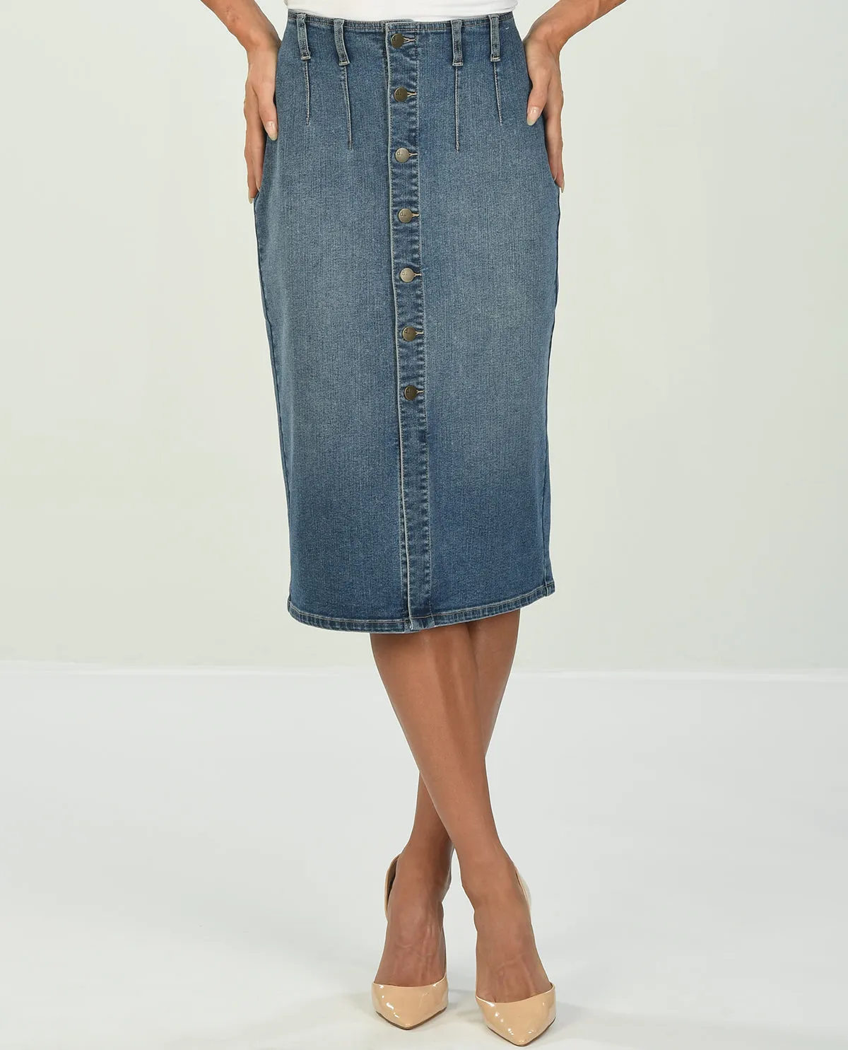 D Jeans Button Front Midi Skirt