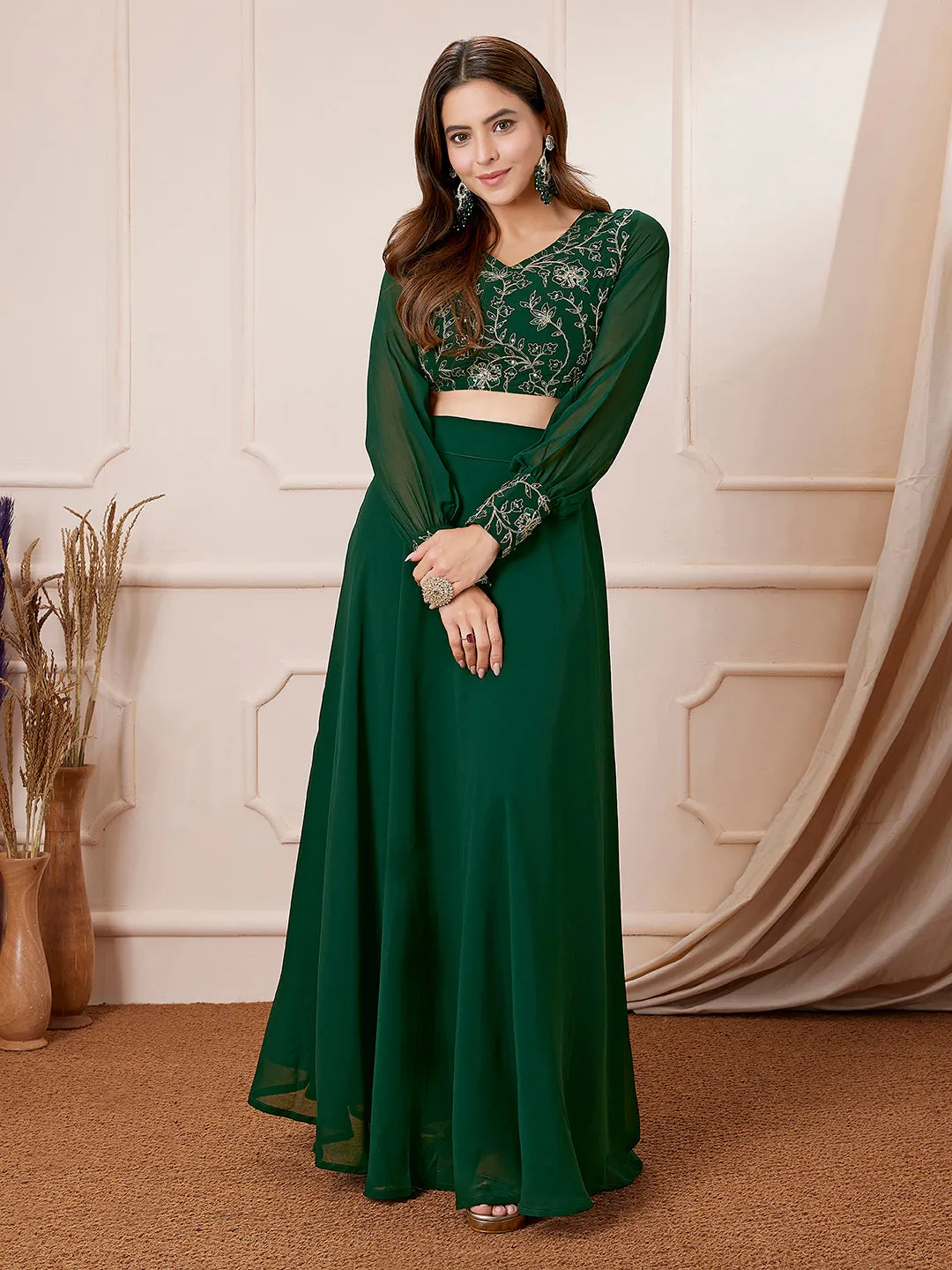 Dark Green Georgette Embroidered Top With Skirt Set