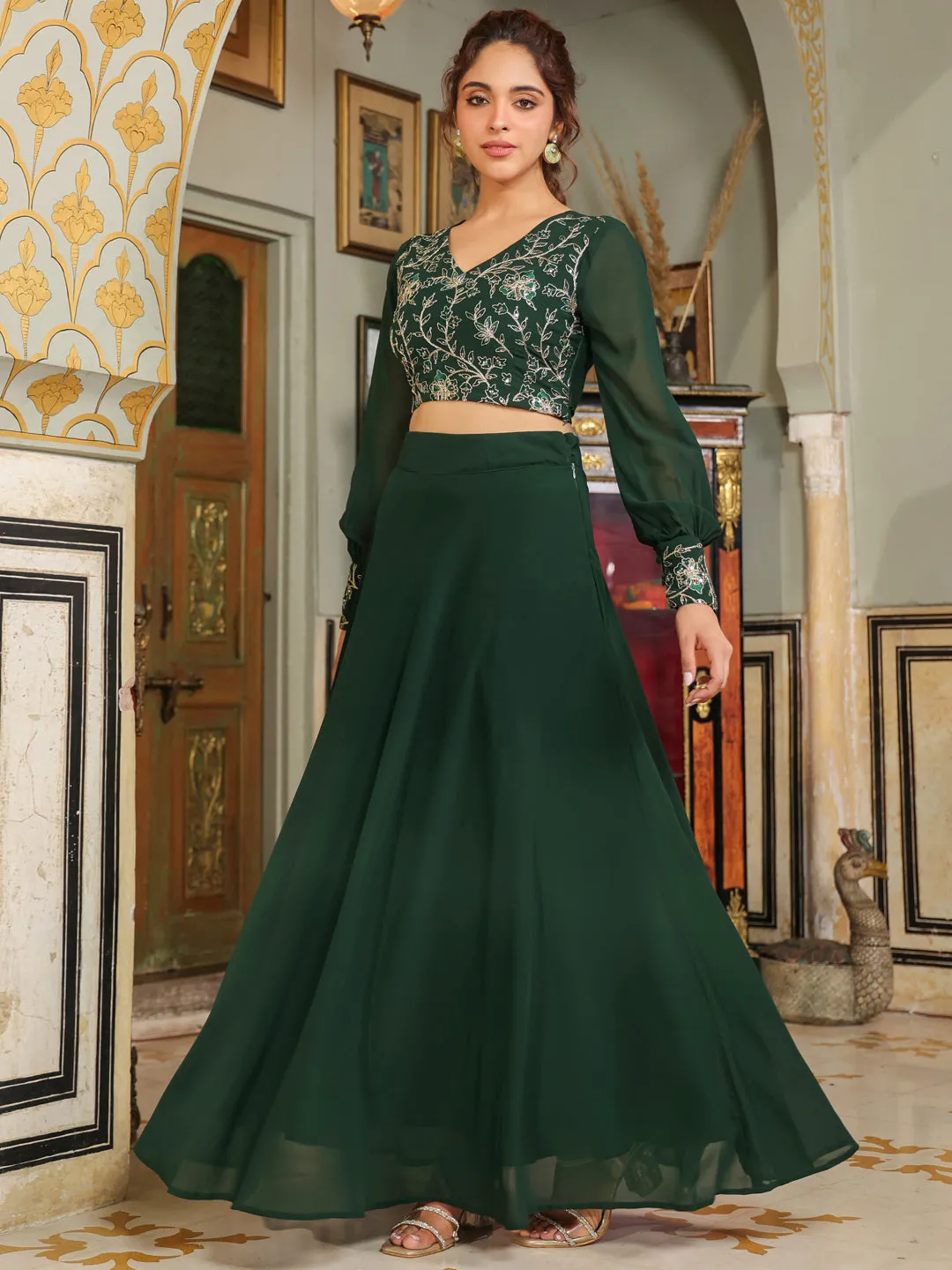 Dark Green Georgette Embroidered Top With Skirt Set