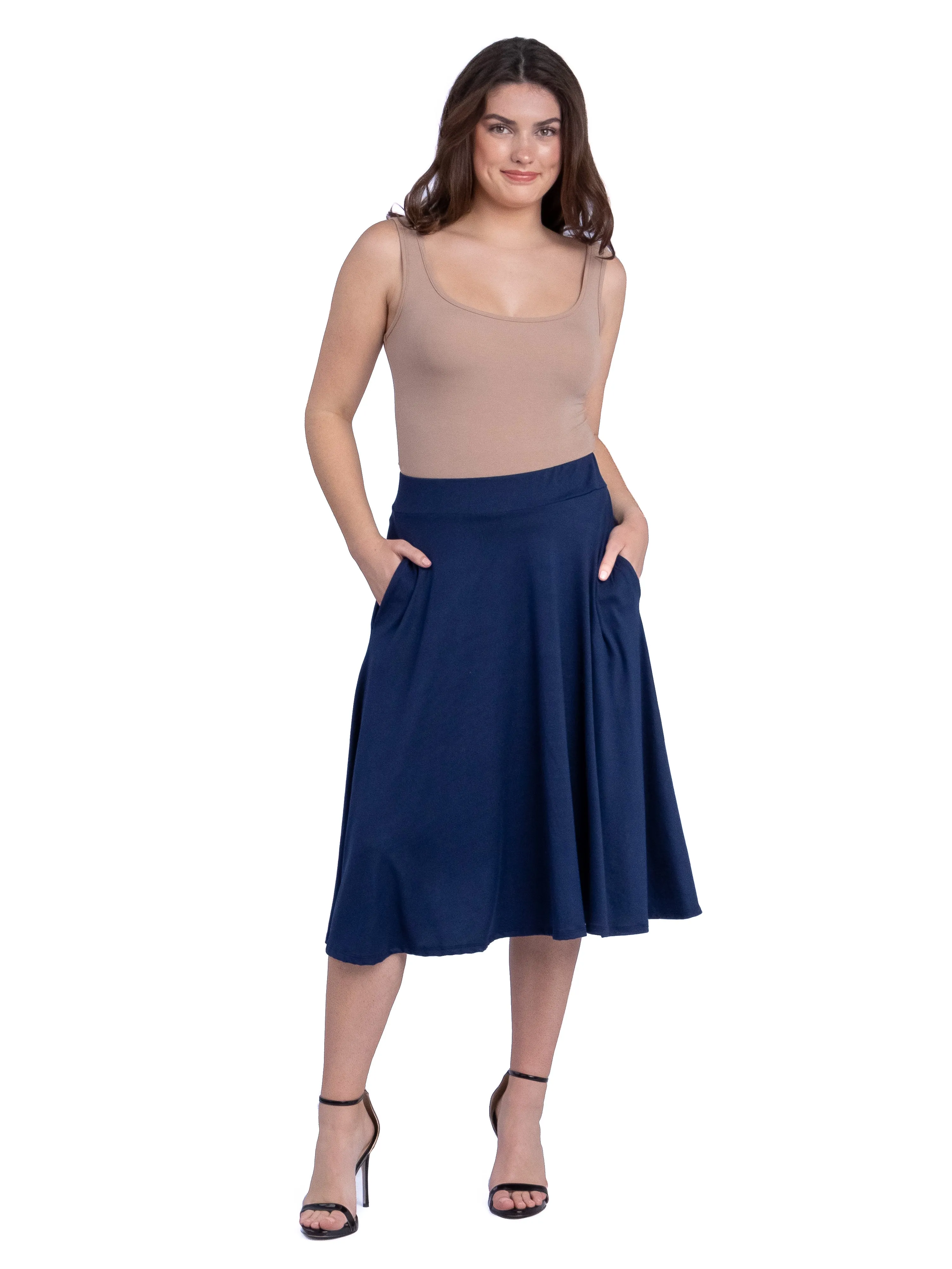 Elastic Waist Pleated Pocket Midi Skirt