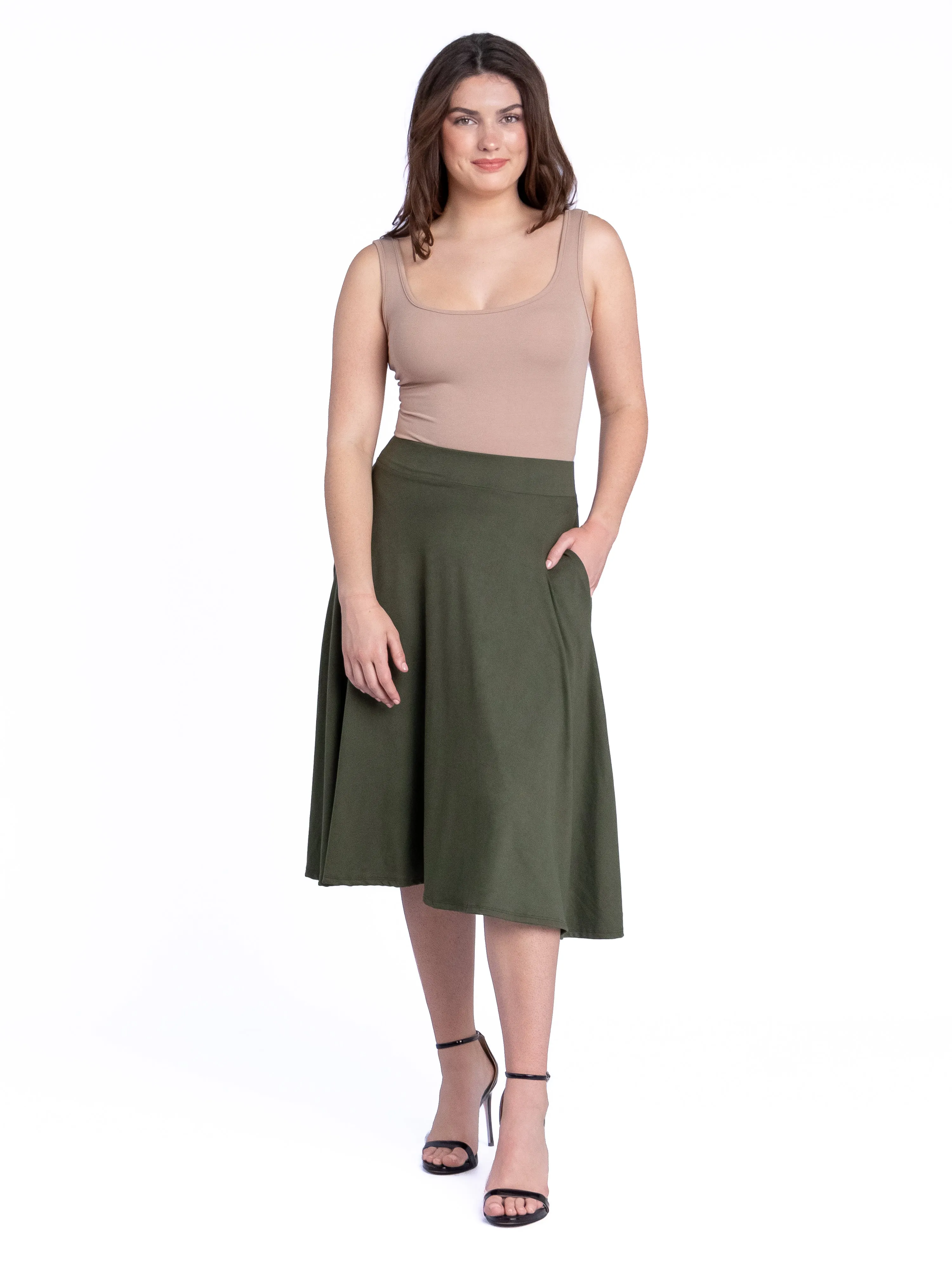 Elastic Waist Pleated Pocket Midi Skirt