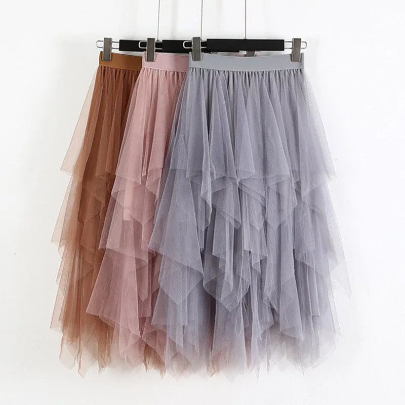 Fashion 2022 Spring Party Skirt Elastic High Waist Long Tulle Skirt Women Irregular Hem Mesh Tutu Skirt Ladies