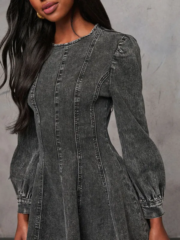 Fashion Casual Patchwork Waist Women's Denim Long Sleeve Dress