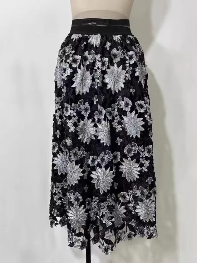 Floral Embroidery Hollow Out A-Line Skirt