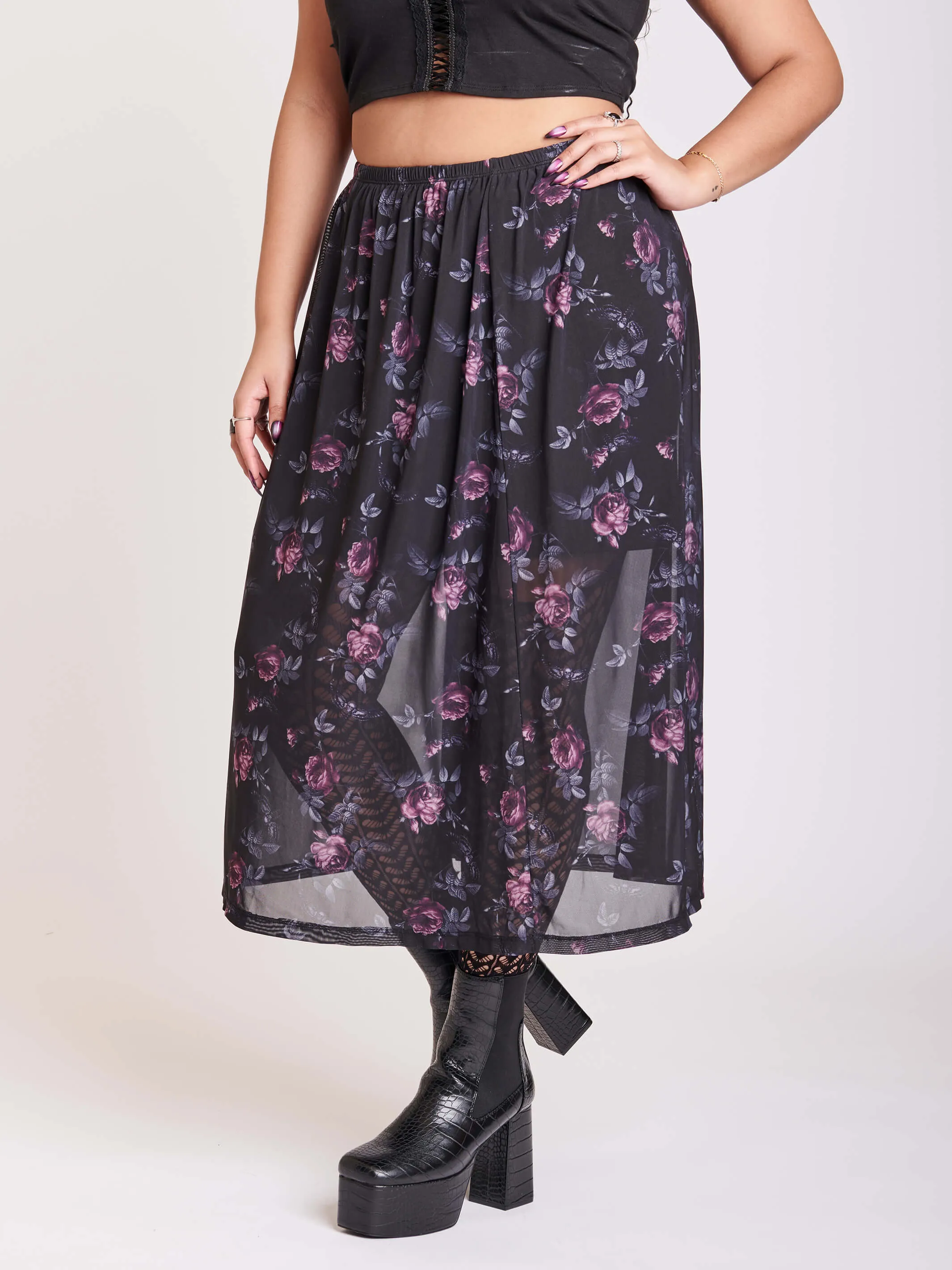 Floral Mesh Midi Skirt