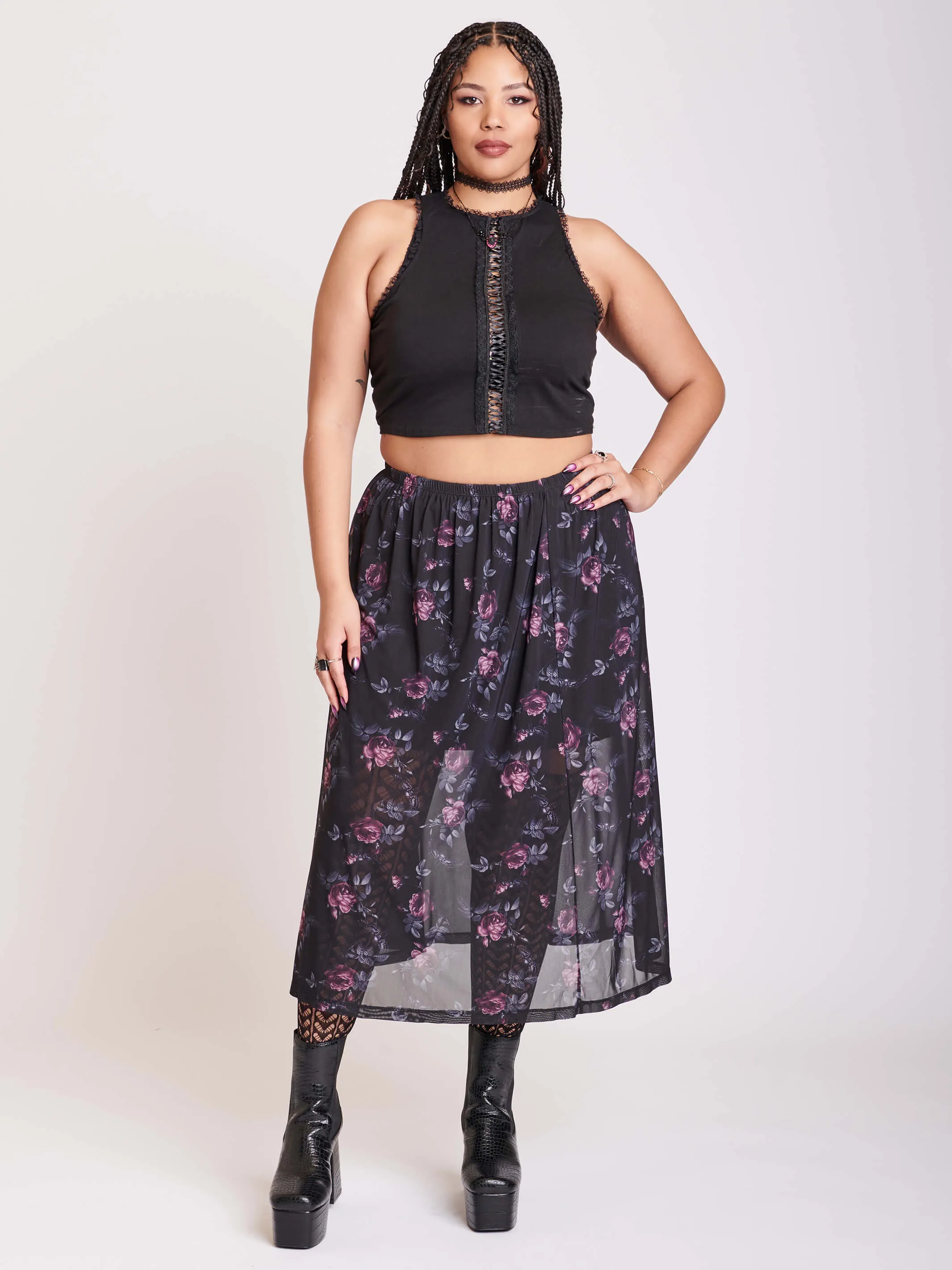 Floral Mesh Midi Skirt