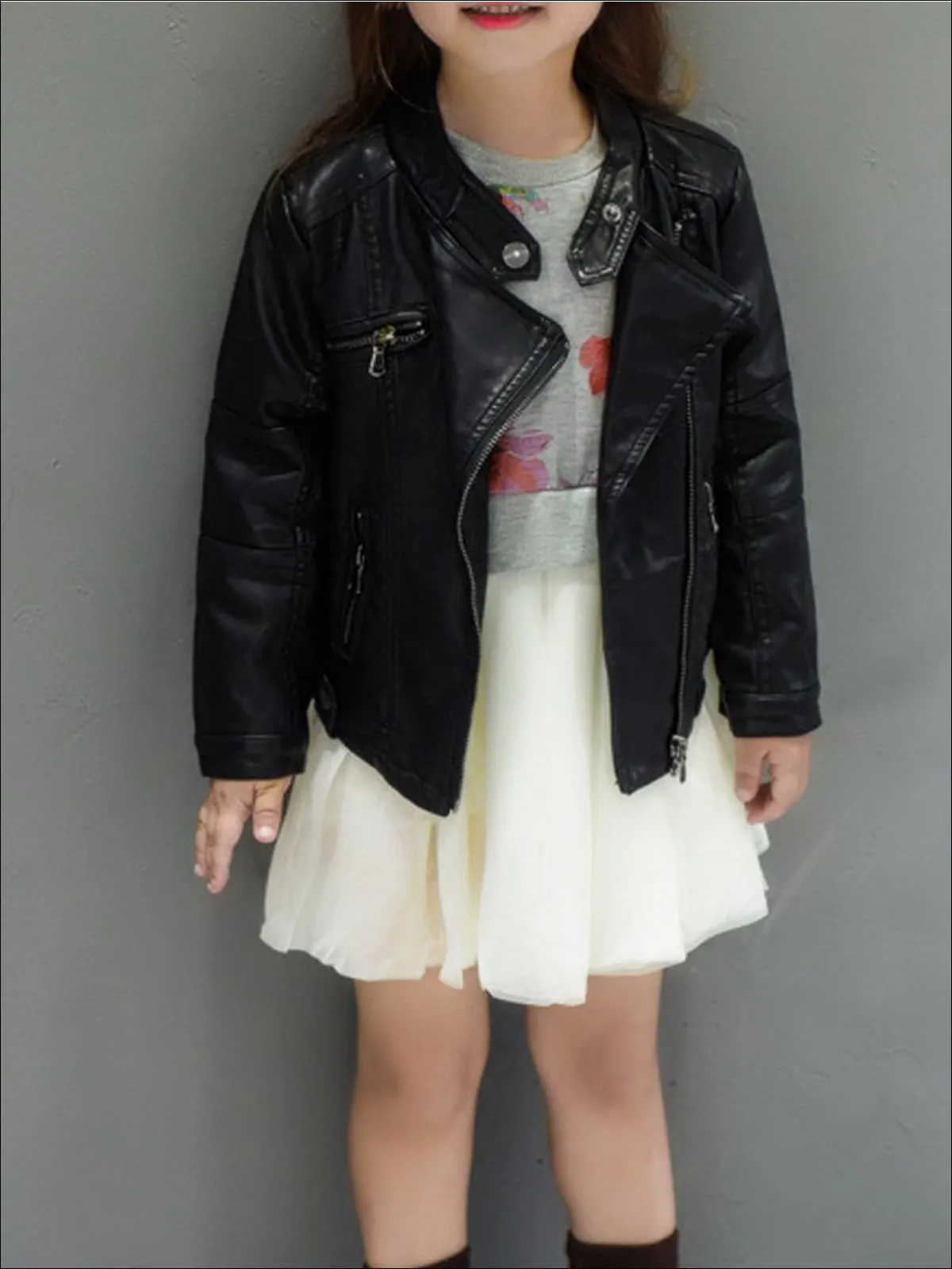 Girls Black Synthetic Leather Moto Jacket