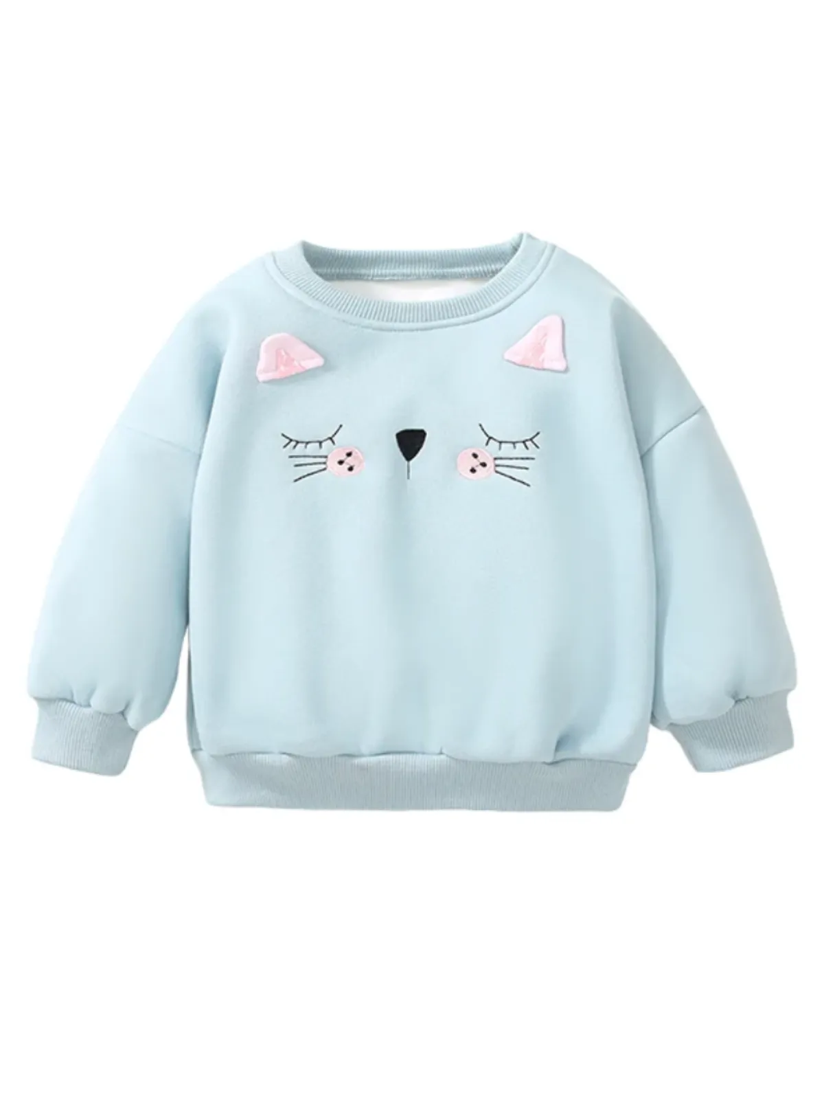 Girl's Cozy Fleece Sweatshirt with Embroidered Cat Design