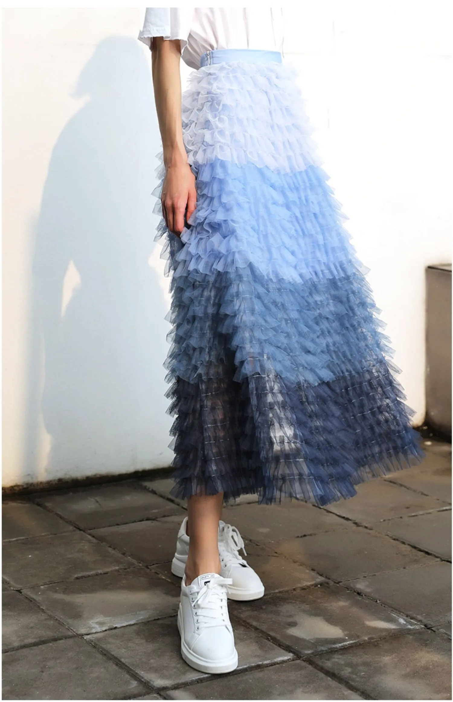 Gradient Cascading Layered Mesh Midi Skirt